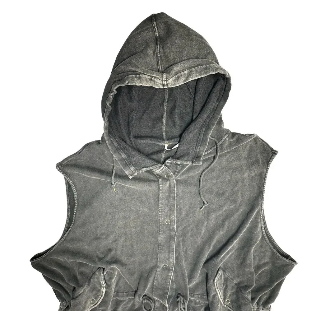 Free People Short Sleeve Jacket Womens Size M/L Black Hooded Coat Washed Linen